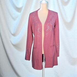 Cardigan Sweater Carolyn Taylor Dusty Pink   Embellished bling Sz Large Pockets
